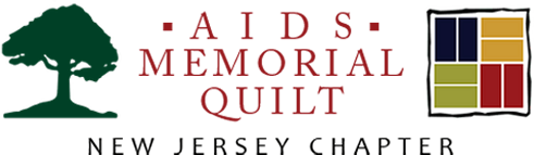 logo of the AIDS Memorial Quilt featuring a green shade tree, text, and image of four rectangular quilt panels of different colors.